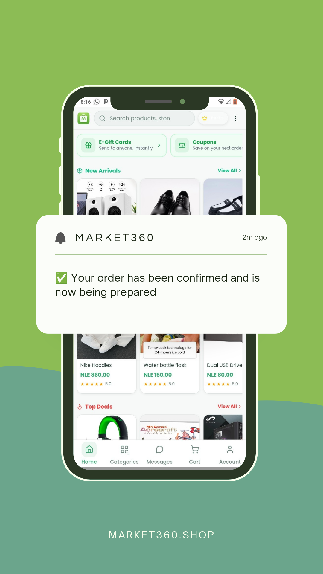 The Market360 app showing the marketplace home feed with featured products
